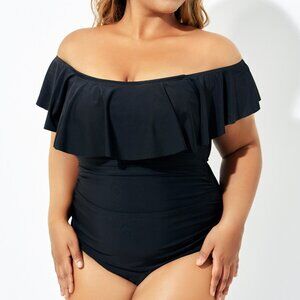 NWT Black Bandeau Off the Shoulder Ruffle One Piece Swimsuit, 3XL